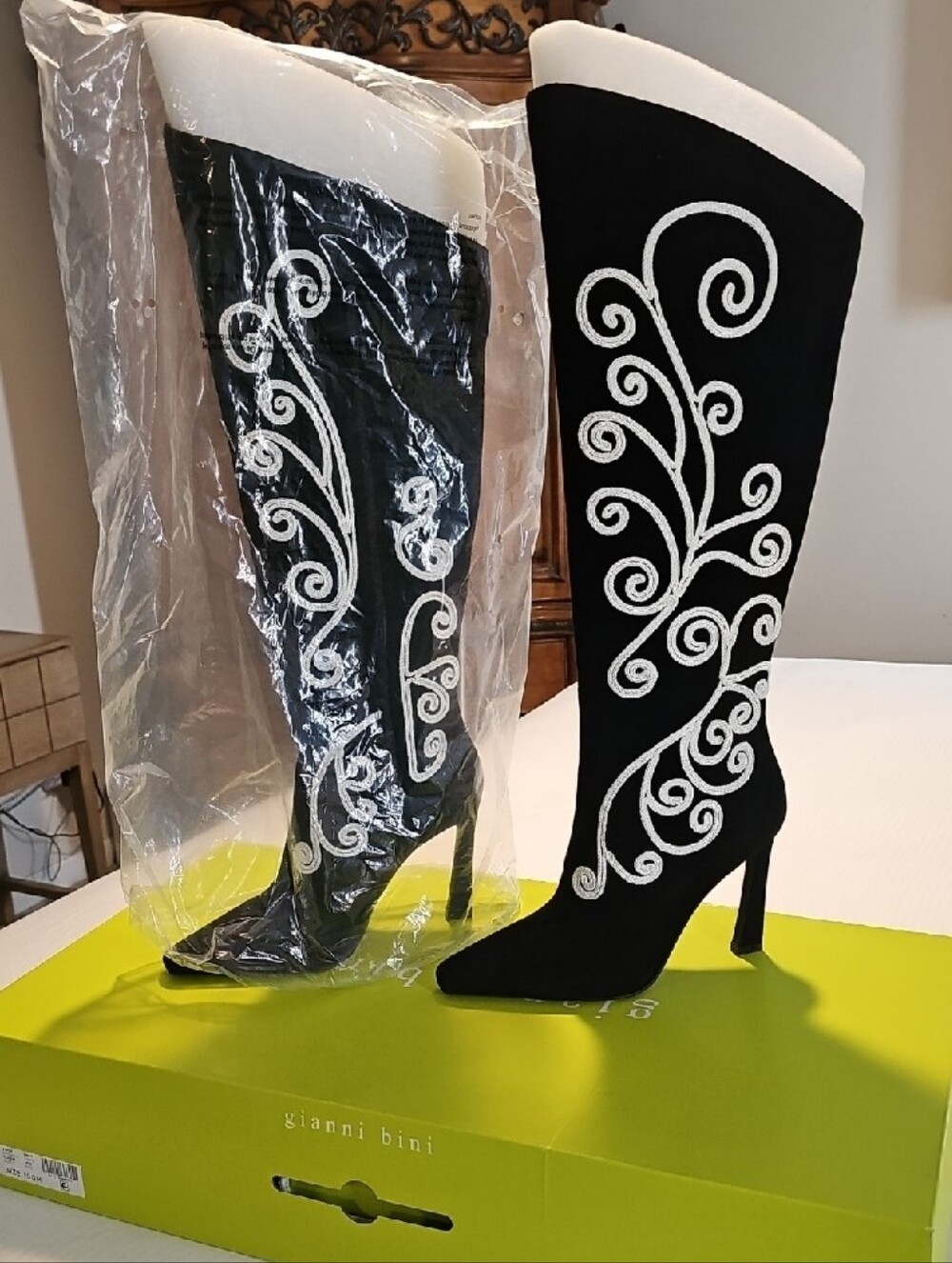 Gianni Bini Black Heeled Boots with White Scroll Embroidery